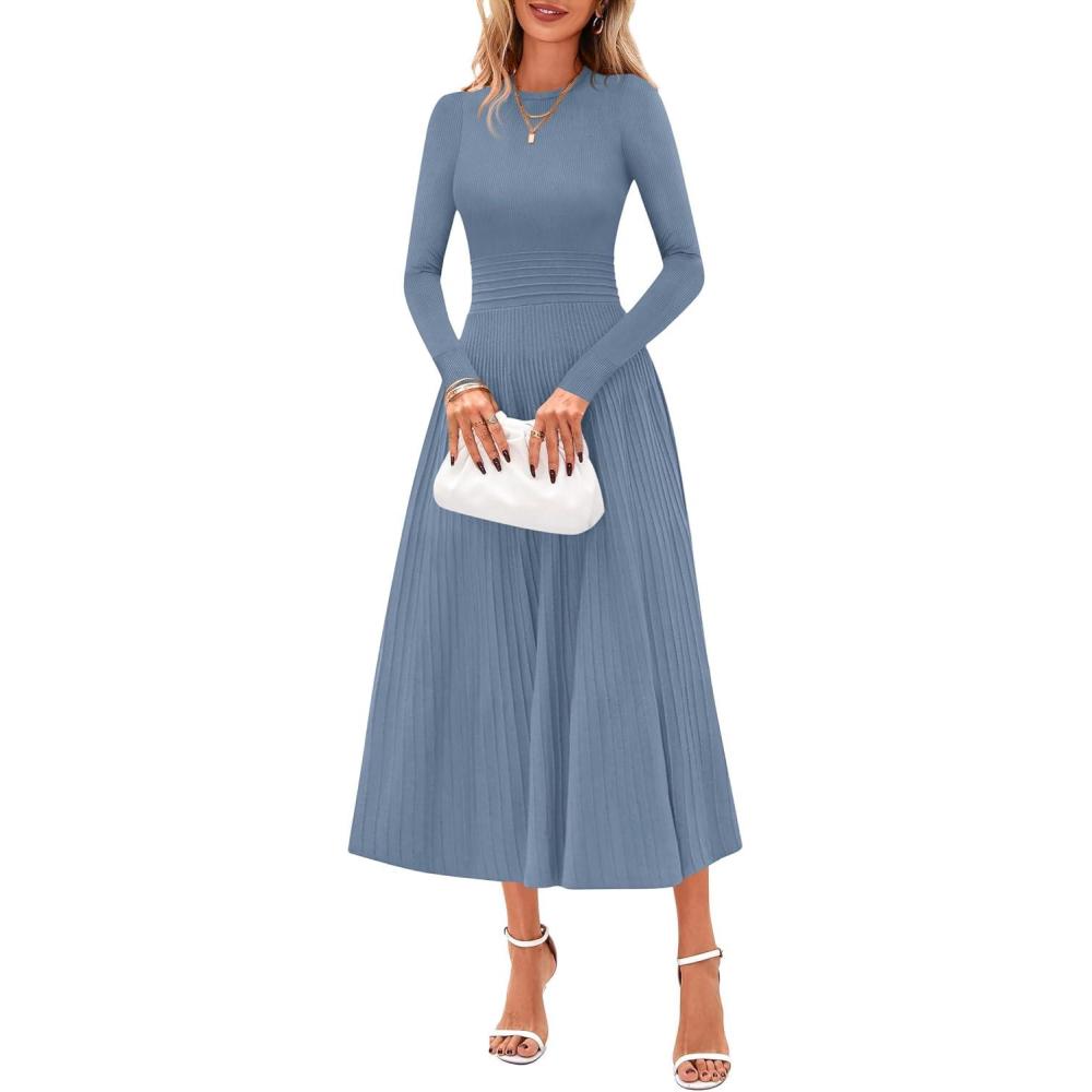 imagePRETTYGARDEN Womens Sweater Dress 2026 Long Sleeve Elegant Knit A Line Fall Wedding Guest Cocktail Midi Winter DressesGrey Blue