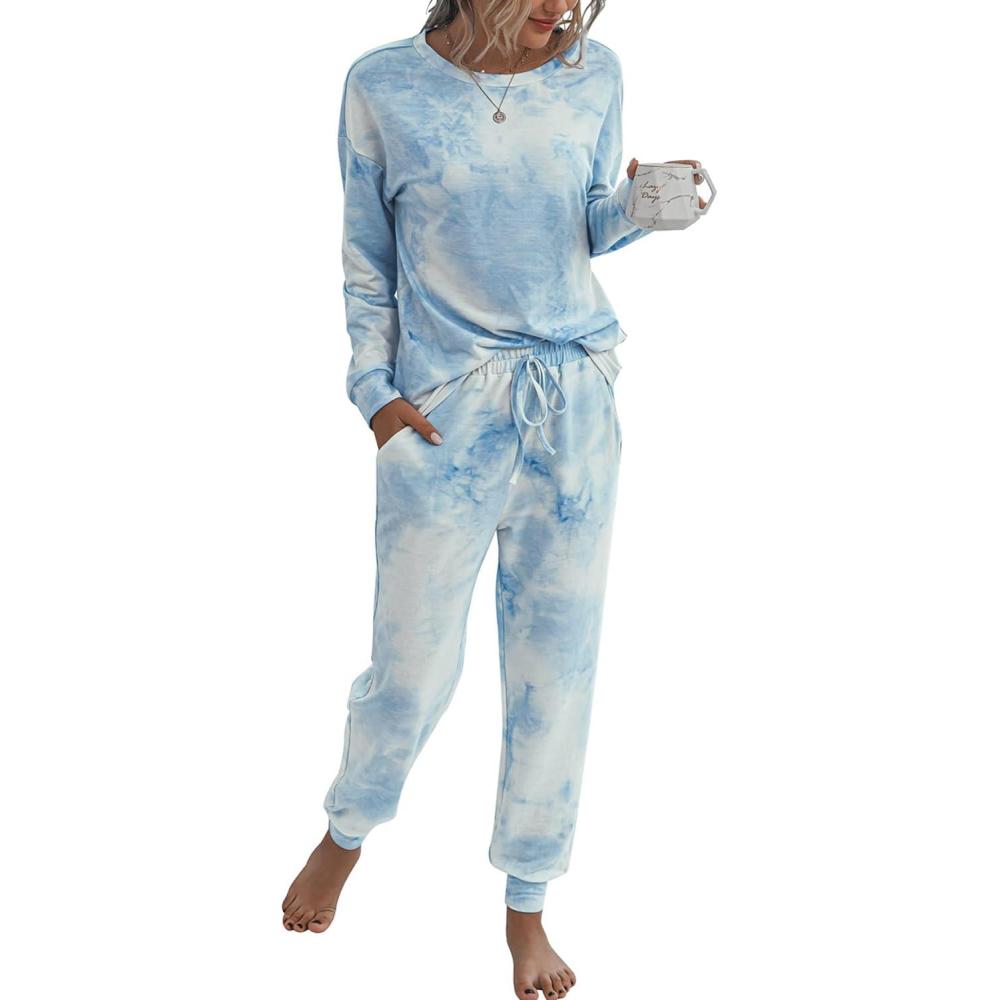 imagePRETTYGARDEN Womens Two Piece Loungewear Fall Casual Long Sleeve Tops Jogger Pants Pajama Sets Matching Outfits ClothingBlue