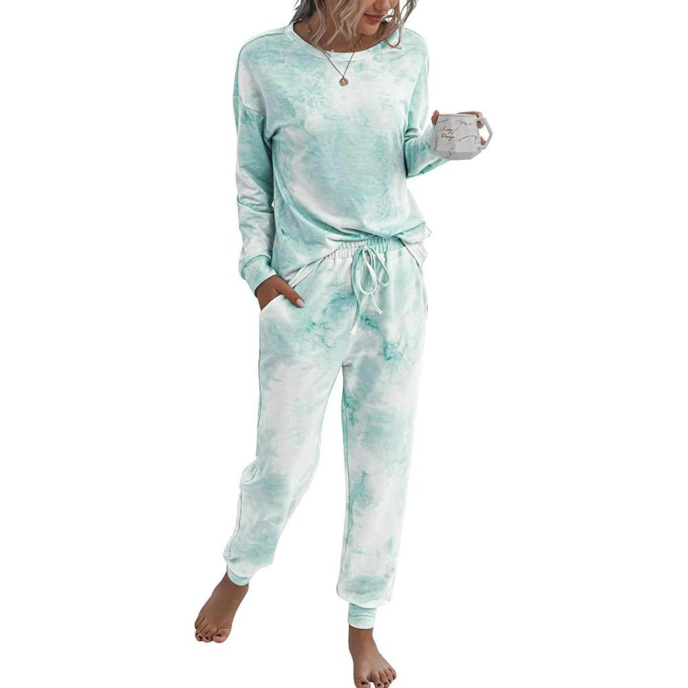 imagePRETTYGARDEN Womens Two Piece Loungewear Fall Casual Long Sleeve Tops Jogger Pants Pajama Sets Matching Outfits ClothingGreen