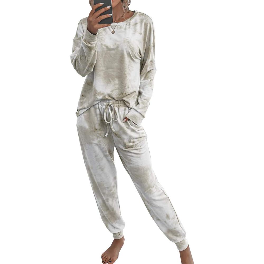 imagePRETTYGARDEN Womens Two Piece Loungewear Fall Casual Long Sleeve Tops Jogger Pants Pajama Sets Matching Outfits ClothingKhaki