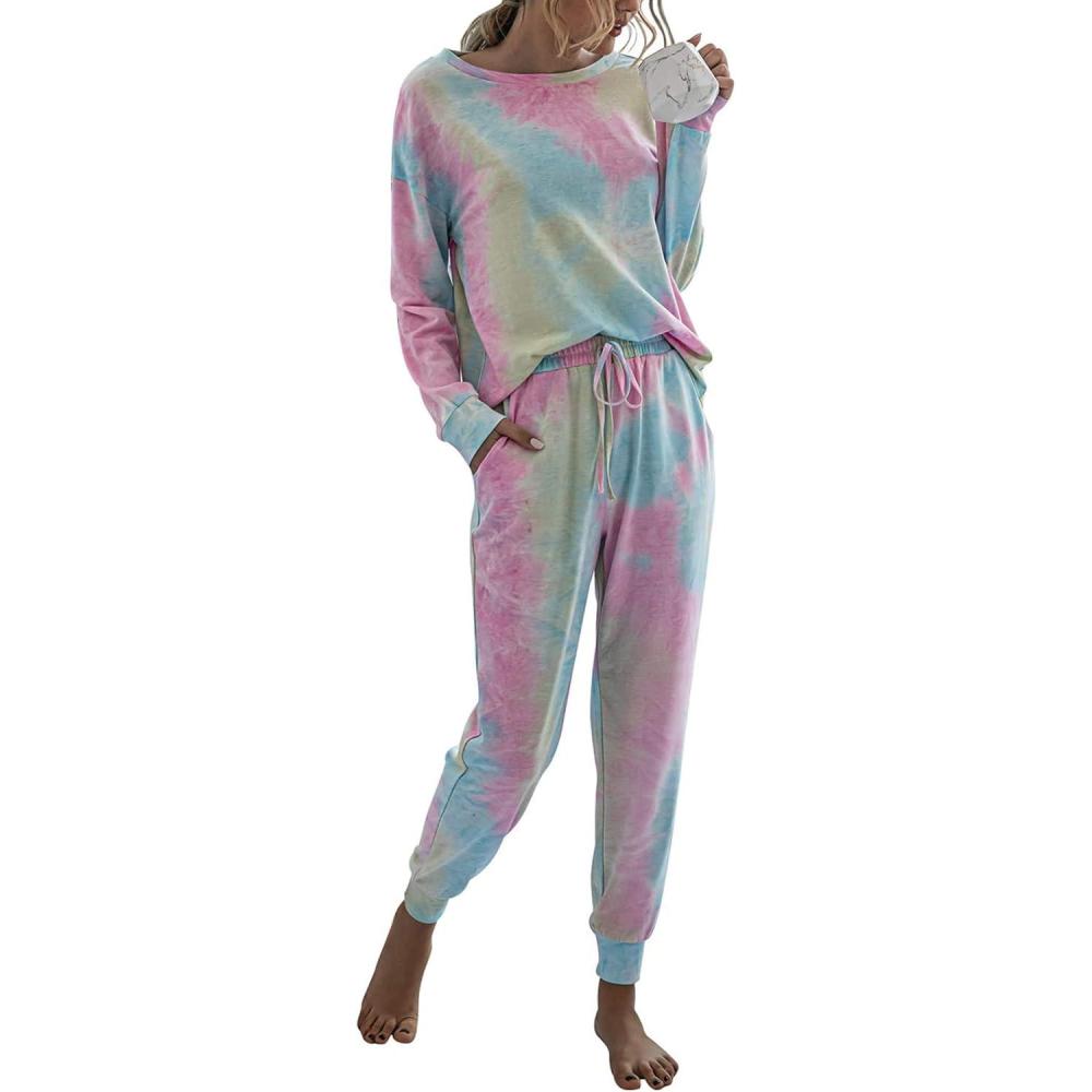 imagePRETTYGARDEN Womens Two Piece Loungewear Fall Casual Long Sleeve Tops Jogger Pants Pajama Sets Matching Outfits ClothingMulticolor