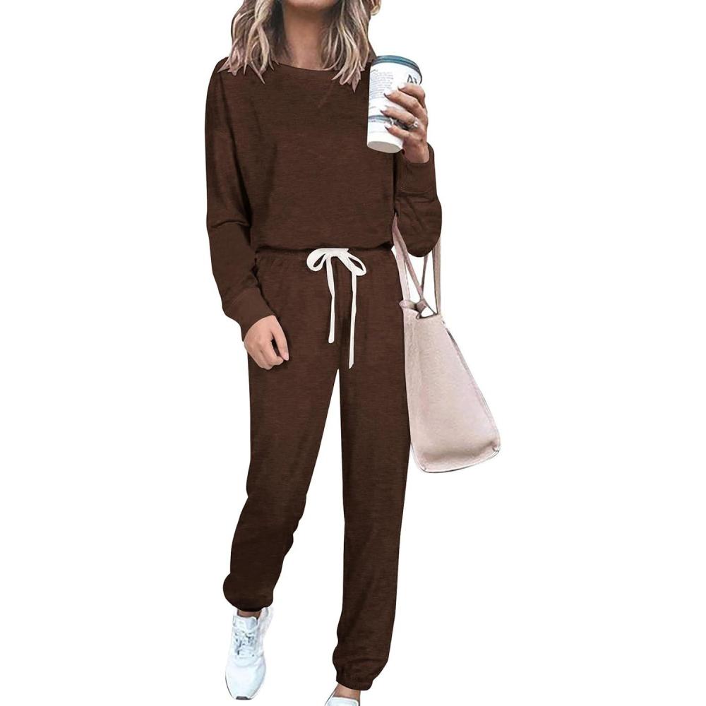 imagePRETTYGARDEN Womens Two Piece Loungewear Fall Casual Long Sleeve Tops Jogger Pants Pajama Sets Matching Outfits ClothingSolid Coffee