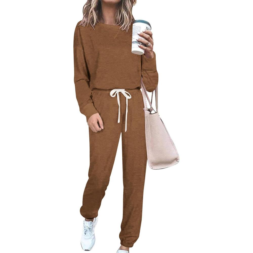 imagePRETTYGARDEN Womens Two Piece Loungewear Fall Casual Long Sleeve Tops Jogger Pants Pajama Sets Matching Outfits ClothingSolid Khaki
