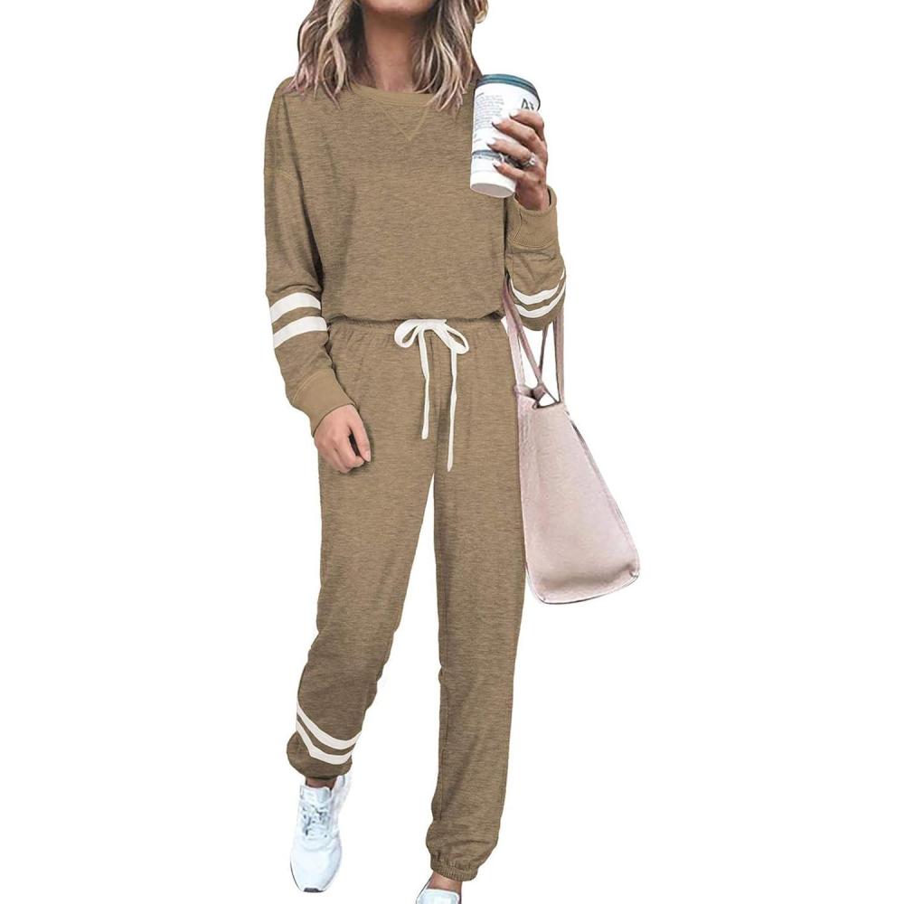 imagePRETTYGARDEN Womens Two Piece Loungewear Fall Casual Long Sleeve Tops Jogger Pants Pajama Sets Matching Outfits ClothingStriped Khaki