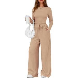 PRETTYGARDEN Matching Sets Women Clothing 2026 Fall Fashion Travel 2 Piece Lounge Sets Long Sleeve Crop Top Wide Leg Pants(Apricot)