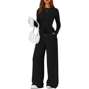 PRETTYGARDEN Matching Sets Women Clothing 2026 Fall Fashion Travel 2 Piece Lounge Sets Long Sleeve Crop Top Wide Leg Pants(Black)