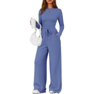 PRETTYGARDEN Matching Sets Women Clothing 2026 Fall Fashion Travel 2 Piece Lounge Sets Long Sleeve Crop Top Wide Leg Pants(Blue)