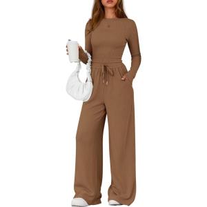 PRETTYGARDEN Matching Sets Women Clothing 2026 Fall Fashion Travel 2 Piece Lounge Sets Long Sleeve Crop Top Wide Leg Pants(Dark Khaki)