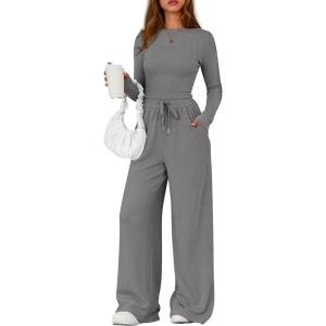 PRETTYGARDEN Matching Sets Women Clothing 2026 Fall Fashion Travel 2 Piece Lounge Sets Long Sleeve Crop Top Wide Leg Pants(Grey)