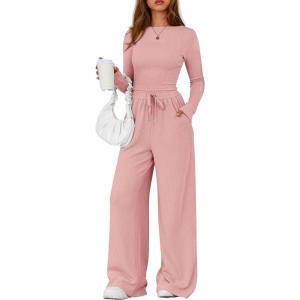 PRETTYGARDEN Matching Sets Women Clothing 2026 Fall Fashion Travel 2 Piece Lounge Sets Long Sleeve Crop Top Wide Leg Pants(Pink)