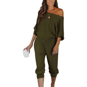 PRETTYGARDEN Two Piece Sets for Women 2026 Casual Ribbed Knit Off Shoulder Tops Lounge Pants Fall Tracksuits Winter Clothes(Army Green)