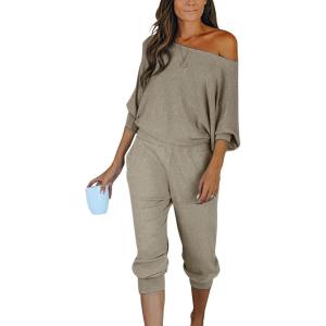 PRETTYGARDEN Two Piece Sets for Women 2026 Casual Ribbed Knit Off Shoulder Tops Lounge Pants Fall Tracksuits Winter Clothes(Grey)