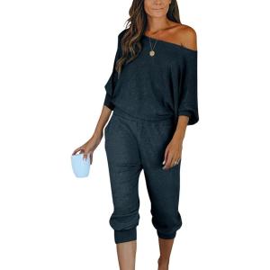 PRETTYGARDEN Two Piece Sets for Women 2026 Casual Ribbed Knit Off Shoulder Tops Lounge Pants Fall Tracksuits Winter Clothes(Navy)