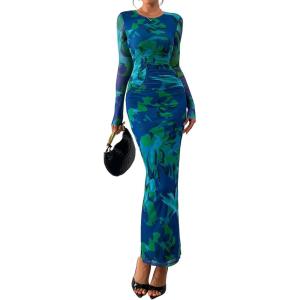 PRETTYGARDEN Wedding Guest Dresses for Women Spring Long Sleeve Ruched Bodycon Floral Mesh Cocktail Party Fall Maxi Dress(Green Floral)