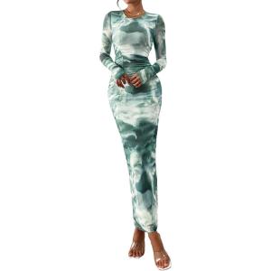 PRETTYGARDEN Wedding Guest Dresses for Women Spring Long Sleeve Ruched Bodycon Floral Mesh Cocktail Party Fall Maxi Dress(Grey Green Floral)