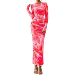 PRETTYGARDEN Wedding Guest Dresses for Women Spring Long Sleeve Ruched Bodycon Floral Mesh Cocktail Party Fall Maxi Dress(Yellow Pink Floral)