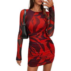 PRETTYGARDEN Women Long Sleeve Mini Dress Spring 2026 Tie Dye Print Bodycon Cocktail Party Club Outfits Homecoming Dresses(Black Red Flower)