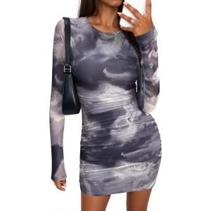 PRETTYGARDEN Women Long Sleeve Mini Dress Spring 2026 Tie Dye Print Bodycon Cocktail Party Club Outfits Homecoming Dresses(Gray Floral)