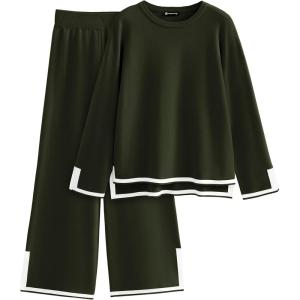 PRETTYGARDEN Women’s 2 Piece Fall Knit Sweater Set Long Sleeve Tops Wide Leg Pants Sweatsuit Tracksuit Outfit Winter Clothing(Army Green)