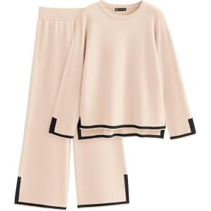 PRETTYGARDEN Women’s 2 Piece Fall Knit Sweater Set Long Sleeve Tops Wide Leg Pants Sweatsuit Tracksuit Outfit Winter Clothing(Beige)