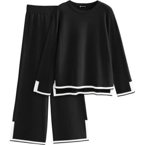 PRETTYGARDEN Women’s 2 Piece Fall Knit Sweater Set Long Sleeve Tops Wide Leg Pants Sweatsuit Tracksuit Outfit Winter Clothing(Black)