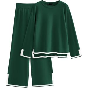 PRETTYGARDEN Women’s 2 Piece Fall Knit Sweater Set Long Sleeve Tops Wide Leg Pants Sweatsuit Tracksuit Outfit Winter Clothing(Green)