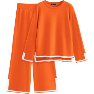 PRETTYGARDEN Women’s 2 Piece Fall Knit Sweater Set Long Sleeve Tops Wide Leg Pants Sweatsuit Tracksuit Outfit Winter Clothing(Orange)