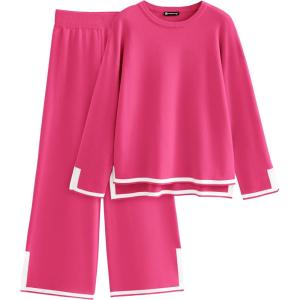 PRETTYGARDEN Women’s 2 Piece Fall Knit Sweater Set Long Sleeve Tops Wide Leg Pants Sweatsuit Tracksuit Outfit Winter Clothing(Rose Red)