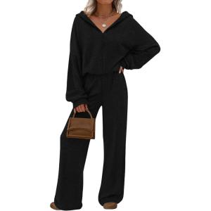 PRETTYGARDEN Women’s 2 Piece Fall Lounge Sets 2026 Zip Up Hoodie Wide Leg Tracksuit Spring Matching Travel Outfits Clothes(Black)