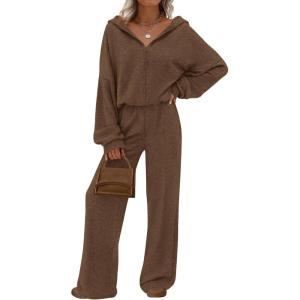 PRETTYGARDEN Women’s 2 Piece Fall Lounge Sets 2026 Zip Up Hoodie Wide Leg Tracksuit Spring Matching Travel Outfits Clothes(Coffee)