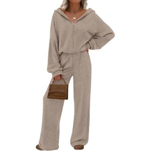 PRETTYGARDEN Women’s 2 Piece Fall Lounge Sets 2026 Zip Up Hoodie Wide Leg Tracksuit Spring Matching Travel Outfits Clothes(Khaki)