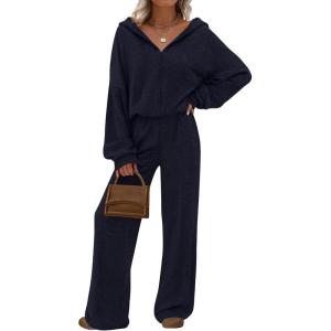 PRETTYGARDEN Women’s 2 Piece Fall Lounge Sets 2026 Zip Up Hoodie Wide Leg Tracksuit Spring Matching Travel Outfits Clothes(Navy Blue)