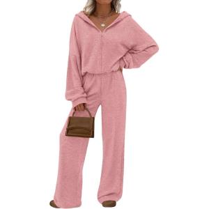 PRETTYGARDEN Women’s 2 Piece Fall Lounge Sets 2026 Zip Up Hoodie Wide Leg Tracksuit Spring Matching Travel Outfits Clothes(Pink)