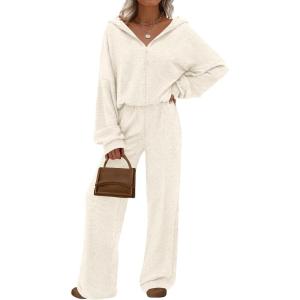 PRETTYGARDEN Women’s 2 Piece Fall Lounge Sets 2026 Zip Up Hoodie Wide Leg Tracksuit Spring Matching Travel Outfits Clothes(White)