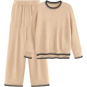 PRETTYGARDEN Women’s 2 Piece Knit Sweater Outfit Casual Long Sleeve Pullover Wide Leg Pants Tracksuit Loungewear Set(Beige)