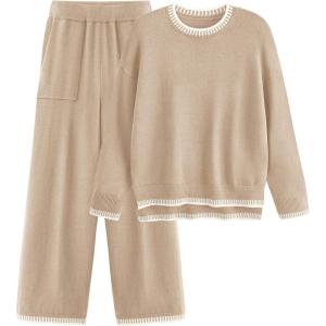 PRETTYGARDEN Women’s 2 Piece Knit Sweater Outfit Casual Long Sleeve Pullover Wide Leg Pants Tracksuit Loungewear Set(Beige Apricot)