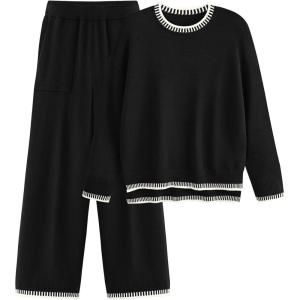 PRETTYGARDEN Women’s 2 Piece Knit Sweater Outfit Casual Long Sleeve Pullover Wide Leg Pants Tracksuit Loungewear Set(Black)