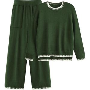 PRETTYGARDEN Women’s 2 Piece Knit Sweater Outfit Casual Long Sleeve Pullover Wide Leg Pants Tracksuit Loungewear Set(Dark Green)