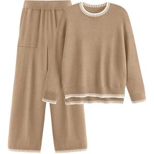 PRETTYGARDEN Women’s 2 Piece Knit Sweater Outfit Casual Long Sleeve Pullover Wide Leg Pants Tracksuit Loungewear Set(Khaki)