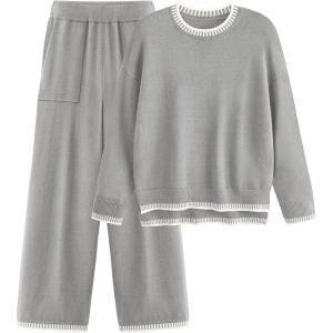PRETTYGARDEN Women’s 2 Piece Knit Sweater Outfit Casual Long Sleeve Pullover Wide Leg Pants Tracksuit Loungewear Set(Light Grey)