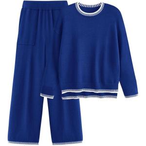 PRETTYGARDEN Women’s 2 Piece Knit Sweater Outfit Casual Long Sleeve Pullover Wide Leg Pants Tracksuit Loungewear Set(Royal Blue)