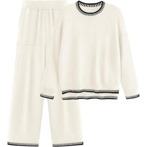 PRETTYGARDEN Women’s 2 Piece Knit Sweater Outfit Casual Long Sleeve Pullover Wide Leg Pants Tracksuit Loungewear Set(White)