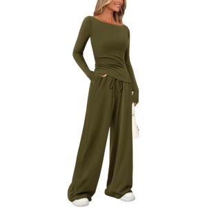 PRETTYGARDEN Women’s 2 Piece Lounge Sets Asymmetrical Long Sleeve T Shirt Wide Leg Pants Casual Outfits Tracksuit(Army Green)