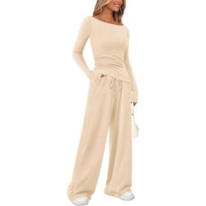 PRETTYGARDEN Women’s 2 Piece Lounge Sets Asymmetrical Long Sleeve T Shirt Wide Leg Pants Casual Outfits Tracksuit(Beige)