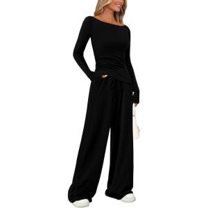 PRETTYGARDEN Women’s 2 Piece Lounge Sets Asymmetrical Long Sleeve T Shirt Wide Leg Pants Casual Outfits Tracksuit(Black)
