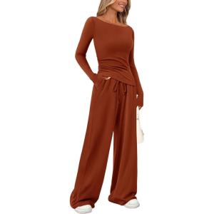 PRETTYGARDEN Women’s 2 Piece Lounge Sets Asymmetrical Long Sleeve T Shirt Wide Leg Pants Casual Outfits Tracksuit(Brick Red)