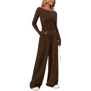 PRETTYGARDEN Women’s 2 Piece Lounge Sets Asymmetrical Long Sleeve T Shirt Wide Leg Pants Casual Outfits Tracksuit(Brown)