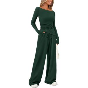 PRETTYGARDEN Women’s 2 Piece Lounge Sets Asymmetrical Long Sleeve T Shirt Wide Leg Pants Casual Outfits Tracksuit(Dark Green)