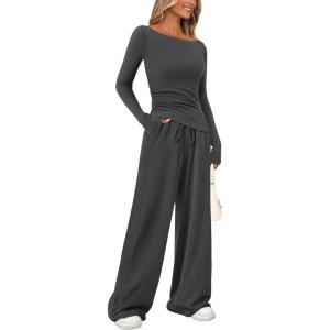 PRETTYGARDEN Women’s 2 Piece Lounge Sets Asymmetrical Long Sleeve T Shirt Wide Leg Pants Casual Outfits Tracksuit(Dark Grey)