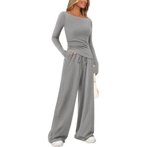 PRETTYGARDEN Women’s 2 Piece Lounge Sets Asymmetrical Long Sleeve T Shirt Wide Leg Pants Casual Outfits Tracksuit(Grey)
